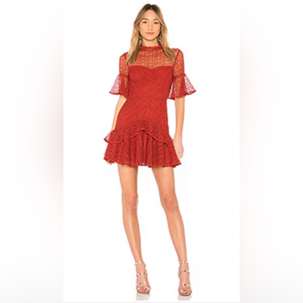 AMUR Size 0 Mila Mini Dress in Spice , lace in brick red, feminine